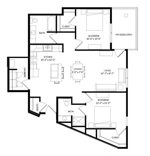Floor plan for 2 beds, 2 baths, 1165 sqft